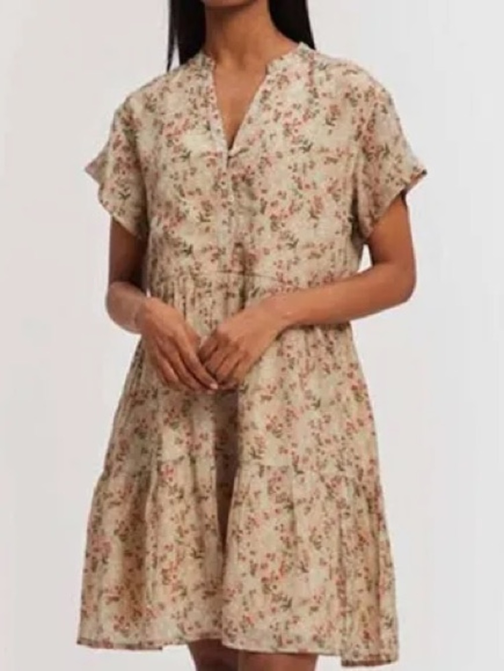 Beige Floral Tiered Midi Dress with Short Sleeves - Neutral Pink Print